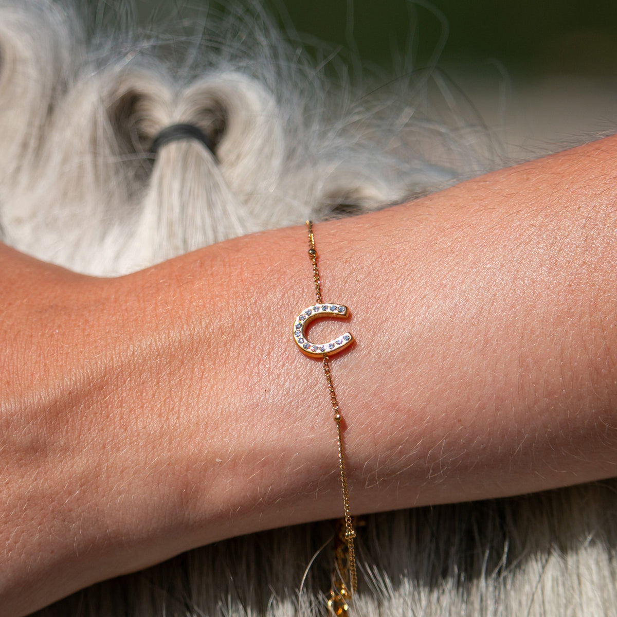 Equestrian Jewelry armband Fiera Strass: fijn kettinkje met een hoefijzerhanger bezet met strass-steentjes