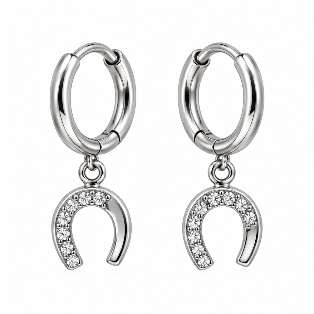 Equestrian Jewelry creolen Alix met hoefijzerhanger afgewerkt met strass-steentjes, in zilver en goud