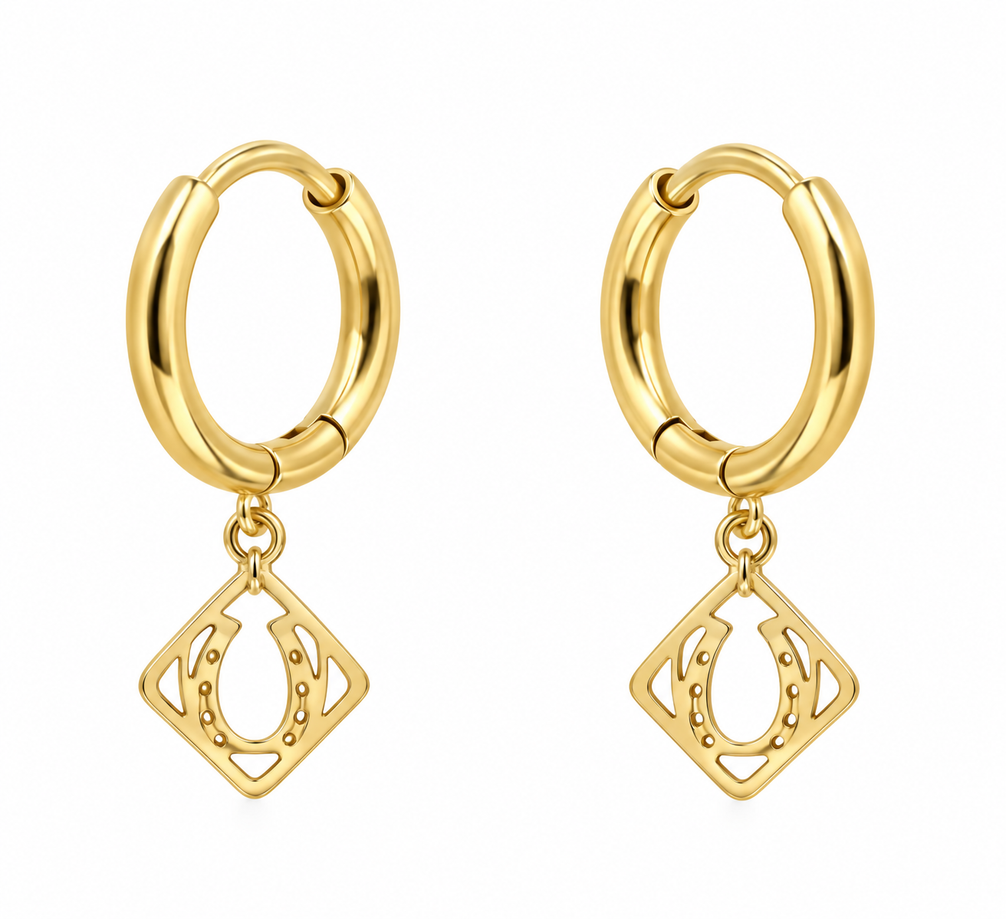 Equestrian Jewelry creolen Dixie met opengewerkte hanger en hoefijzer, in zilver en goud