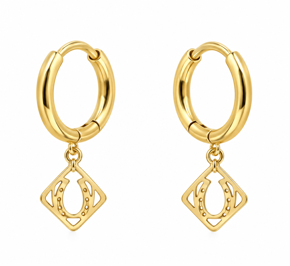 Equestrian Jewelry creolen Dixie met opengewerkte hanger en hoefijzer, in zilver en goud