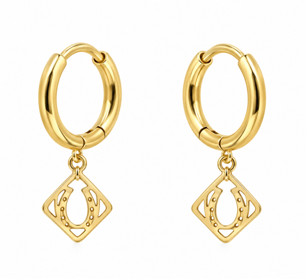 Equestrian Jewelry creolen Dixie met opengewerkte hanger en hoefijzer, in zilver en goud