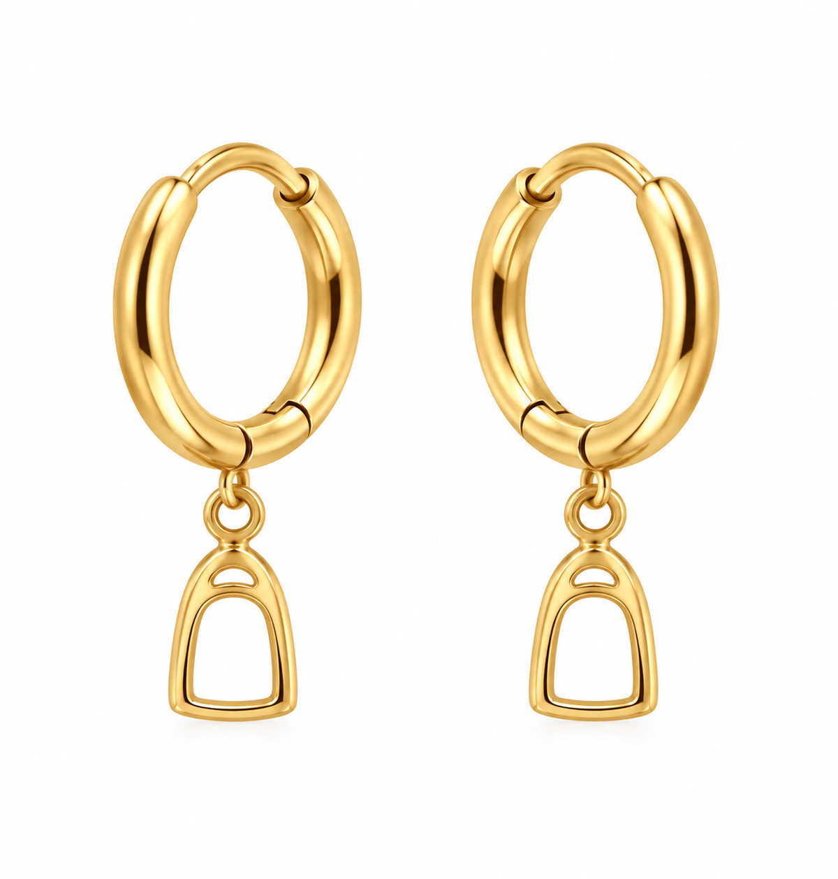 Equestrian Jewelry creolen Dolly met grafische hanger geïnspireerd op een stijgbeugel, in zilver en goud