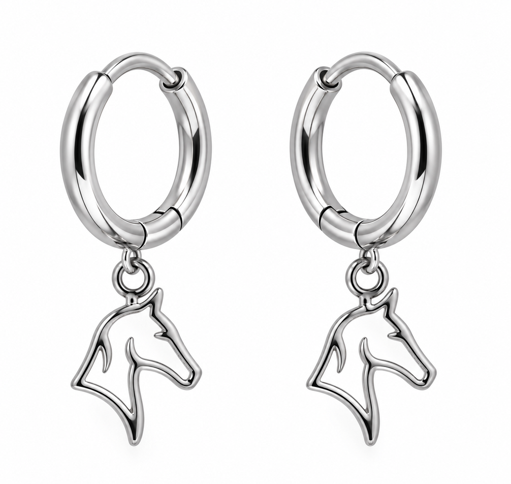 Equestrian Jewelry creolen Spirit met fijne grafische hanger in de vorm van een paardenhoofd, in zilver en goud