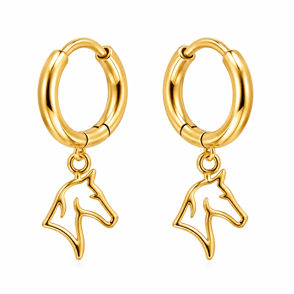 Equestrian Jewelry creolen Spirit met fijne grafische hanger in de vorm van een paardenhoofd, in zilver en goud