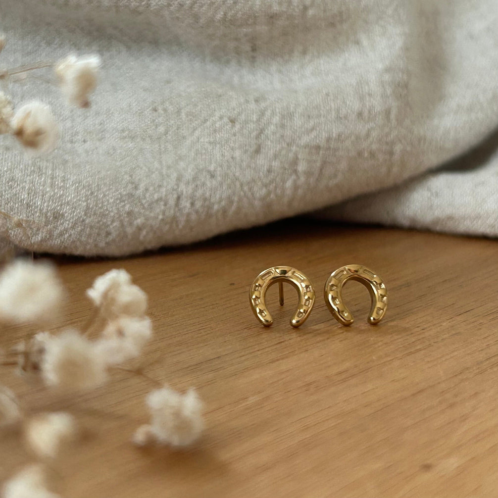 Equestrian Jewelry oorbellen Andy: oorknopjes met een fijn bewerkt hoefijzer in reliëf, in zilver of goud