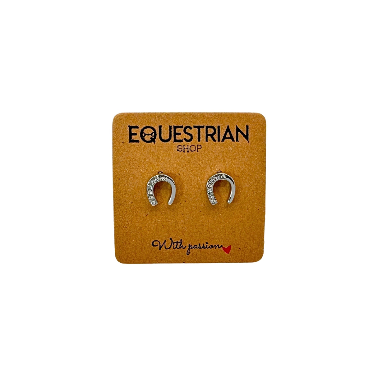 Equestrian Jewelry oorbellen Emy: hoefijzer-oorknopjes met strass-steentjes op één helft, in zilver of goud