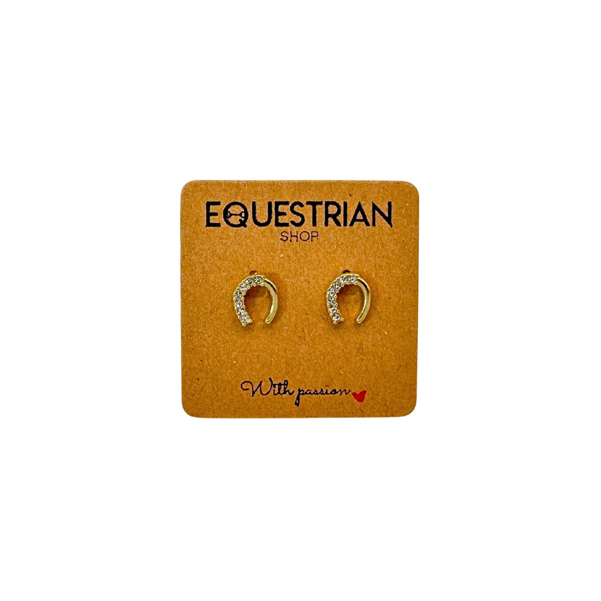 Equestrian Jewelry oorbellen Emy: hoefijzer-oorknopjes met strass-steentjes op één helft, in zilver of goud