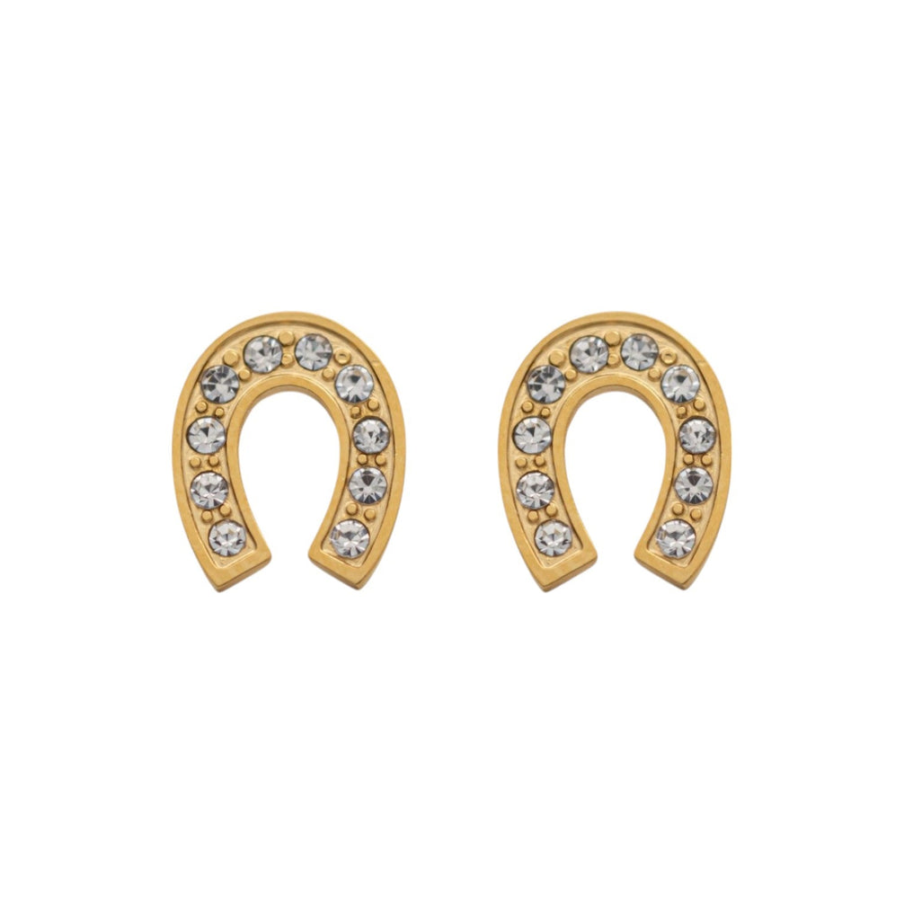 Equestrian Jewelry oorbellen Lady: hoefijzer-oorknopjes volledig bezet met strass-steentjes, in zilver of goud