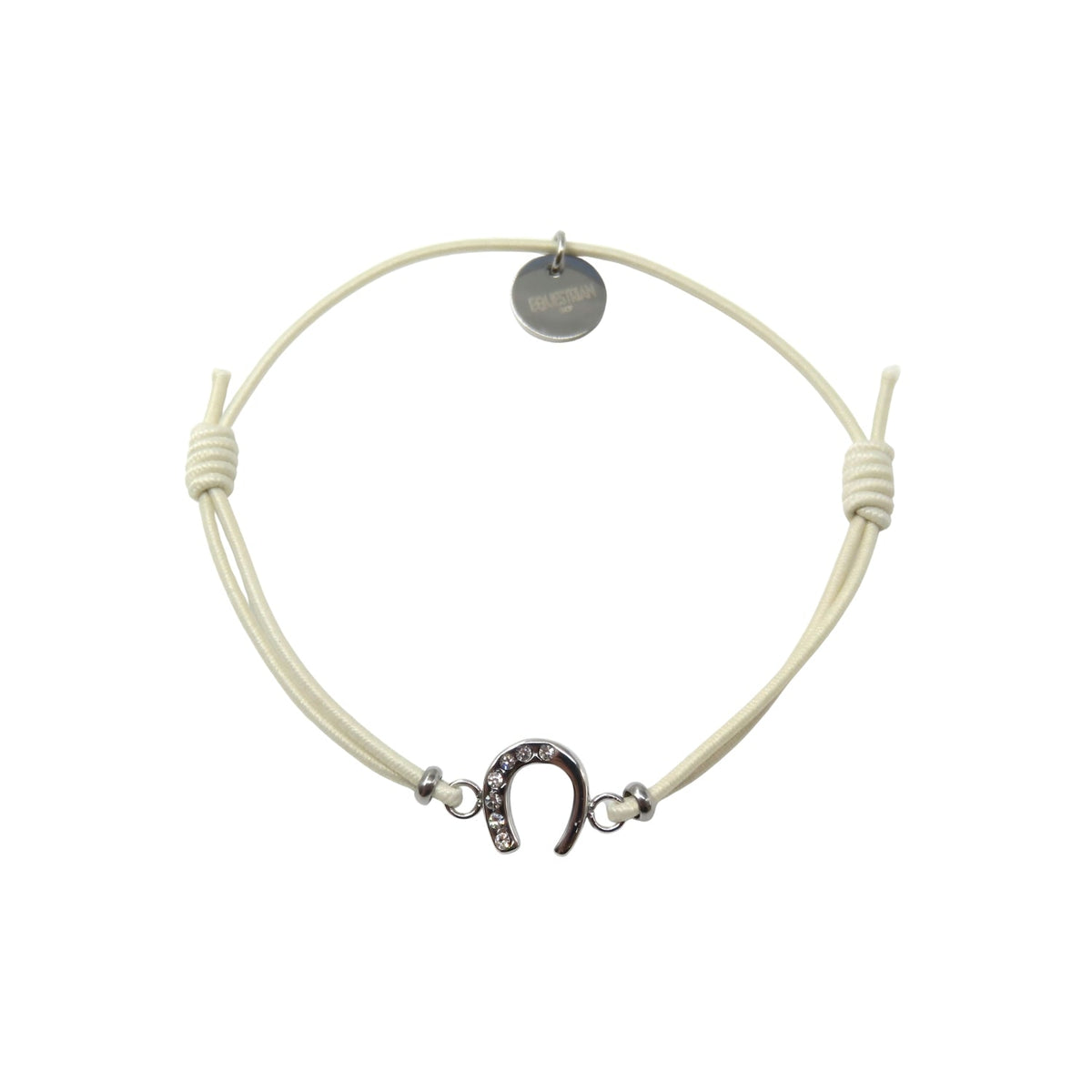 Equestrian Jewelry armband Lola: klein hoefijzer met strass-steentjes op een gekleurd koordje, in goud of zilver