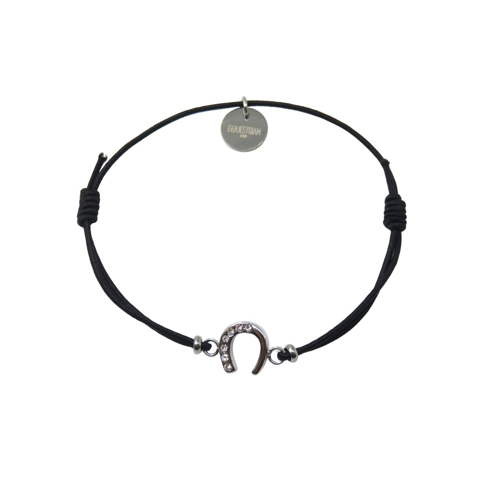 Equestrian Jewelry armband Lola: klein hoefijzer met strass-steentjes op een gekleurd koordje, in goud of zilver