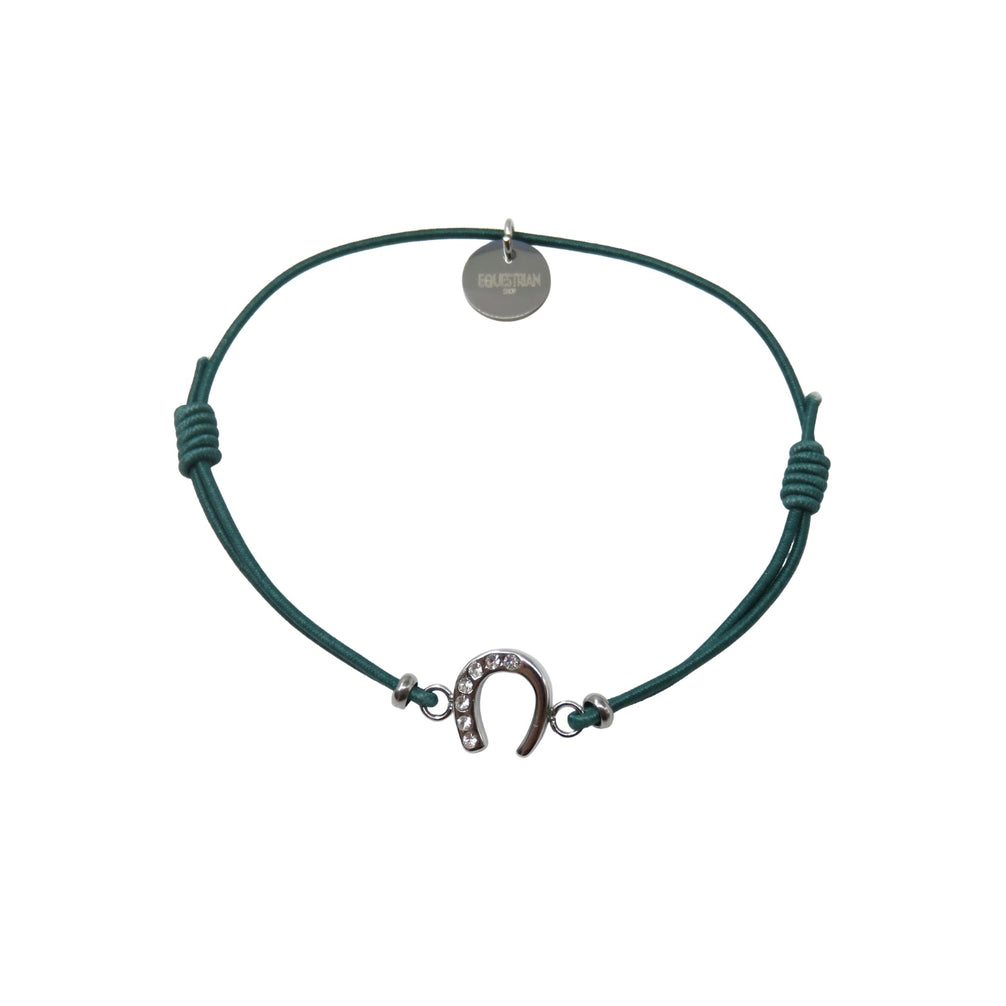 Equestrian Jewelry armband Lola: klein hoefijzer met strass-steentjes op een gekleurd koordje, in goud of zilver