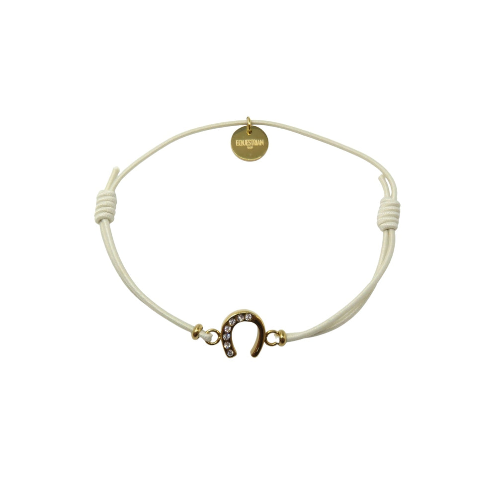 Equestrian Jewelry armband Lola: klein hoefijzer met strass-steentjes op een gekleurd koordje, in goud of zilver