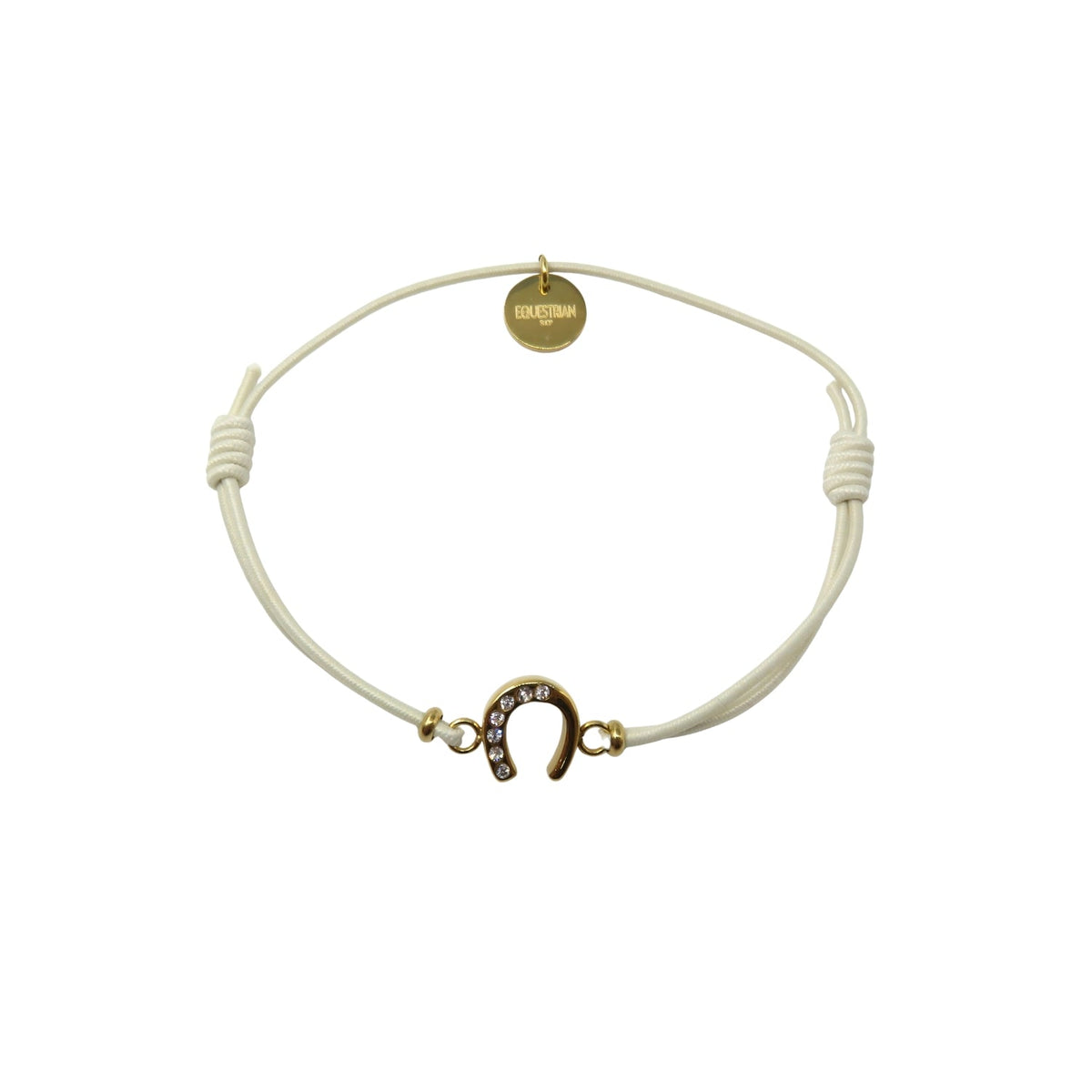 Equestrian Jewelry armband Lola: klein hoefijzer met strass-steentjes op een gekleurd koordje, in goud of zilver