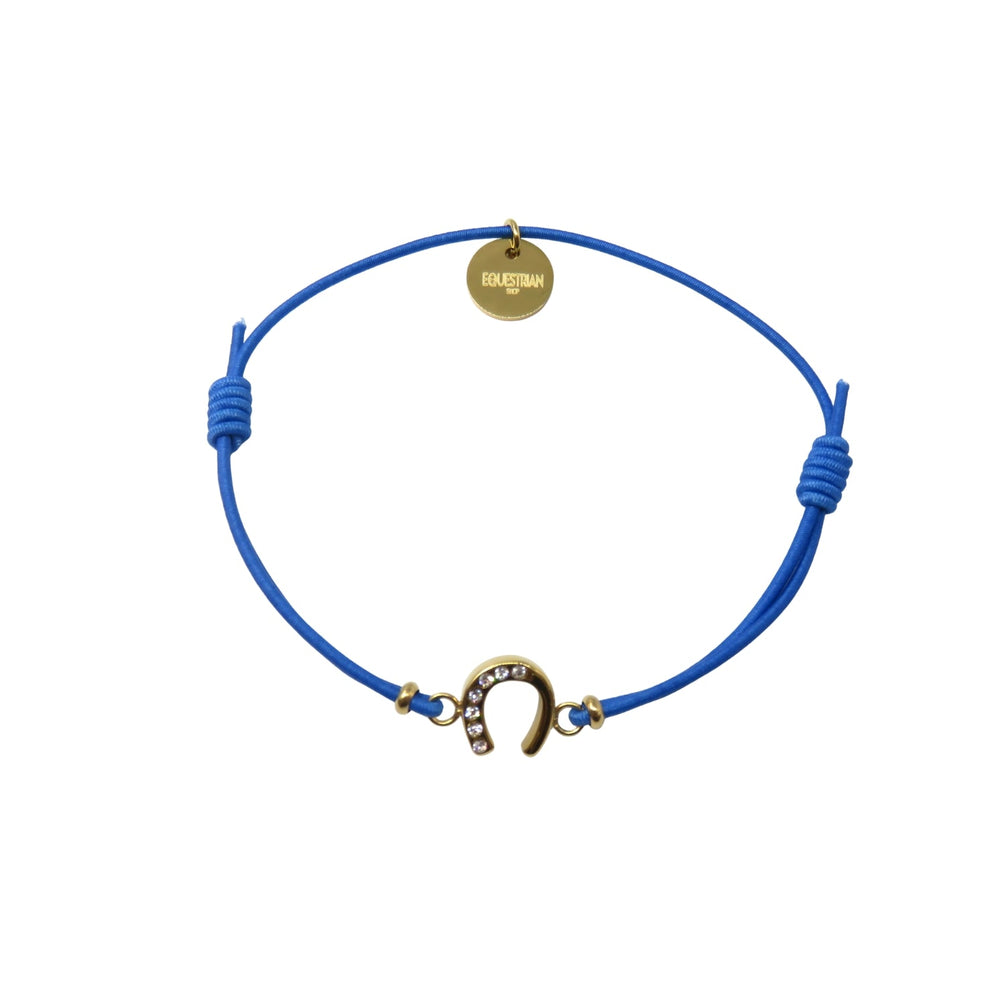 Equestrian Jewelry armband Lola: klein hoefijzer met strass-steentjes op een gekleurd koordje, in goud of zilver