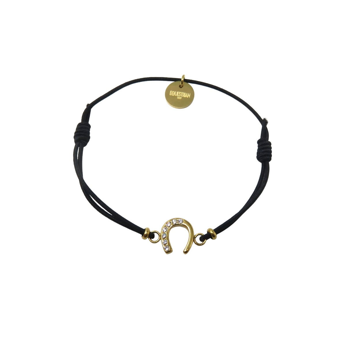 Equestrian Jewelry armband Lola: klein hoefijzer met strass-steentjes op een gekleurd koordje, in goud of zilver
