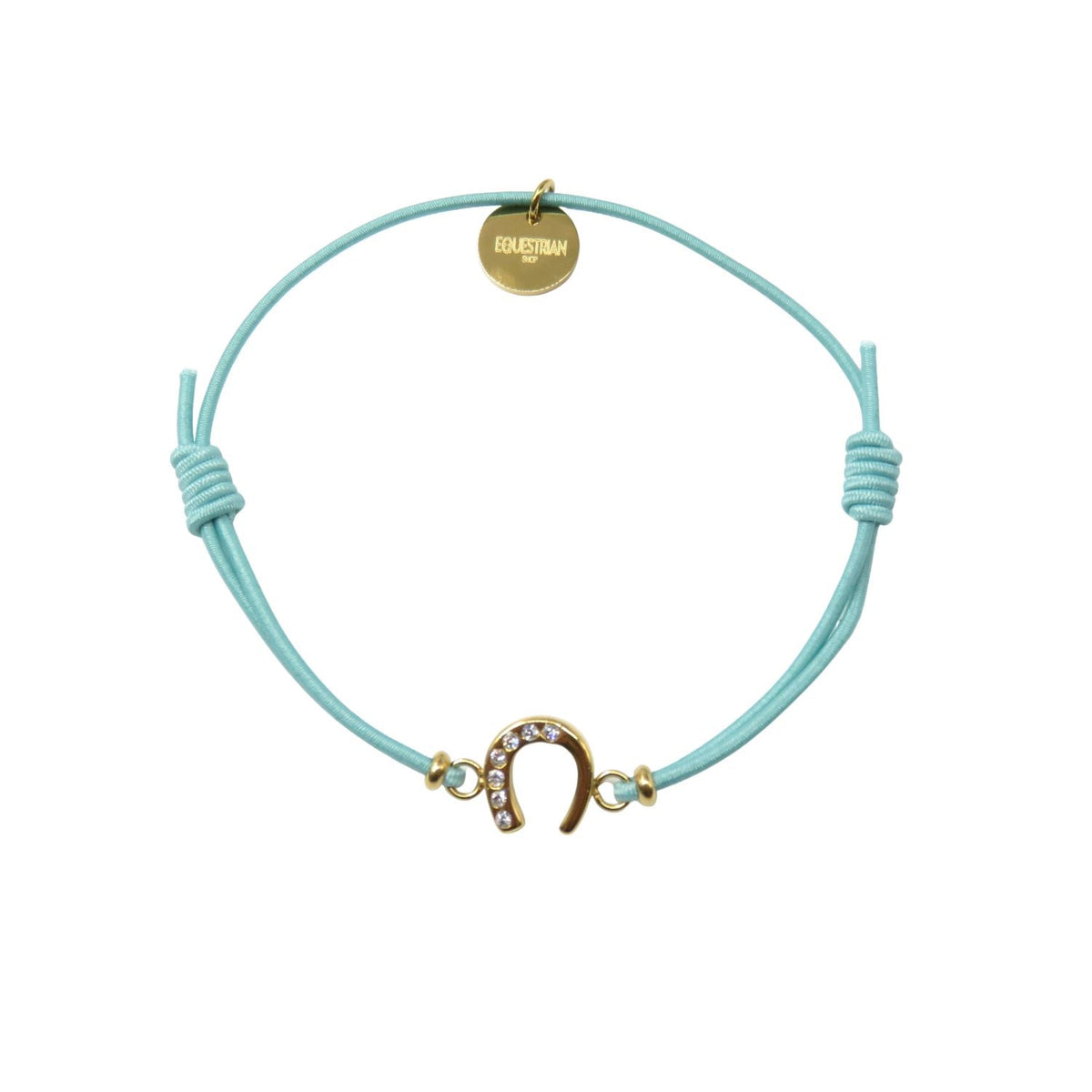 Equestrian Jewelry armband Lola: klein hoefijzer met strass-steentjes op een gekleurd koordje, in goud of zilver