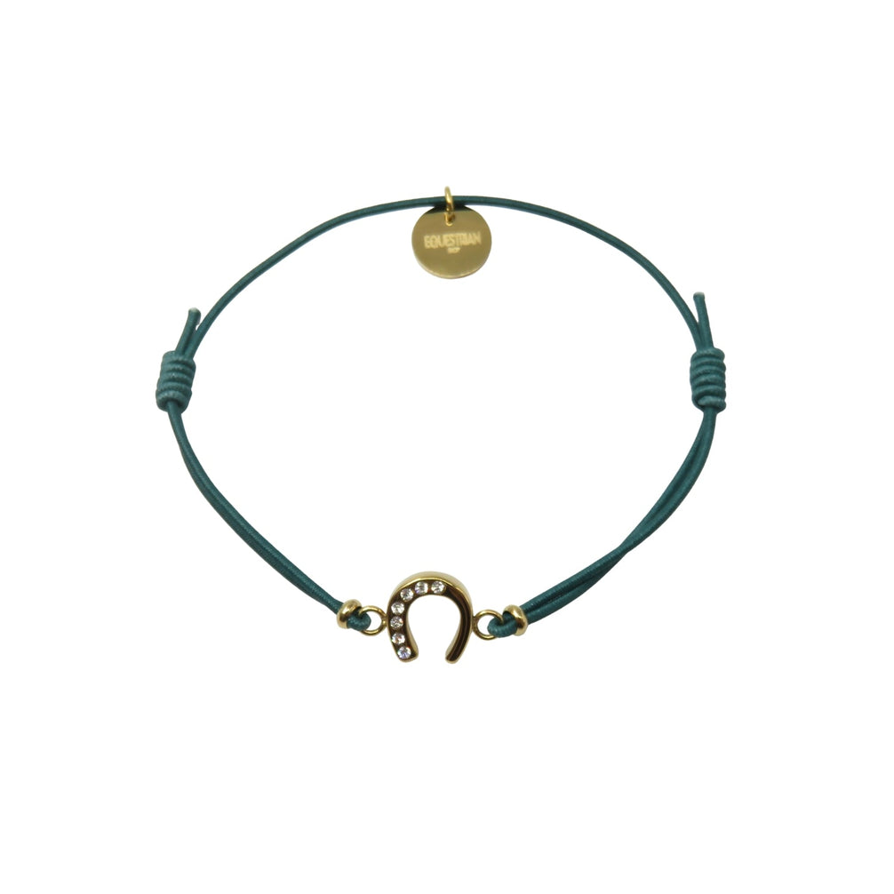 Equestrian Jewelry armband Lola: klein hoefijzer met strass-steentjes op een gekleurd koordje, in goud of zilver