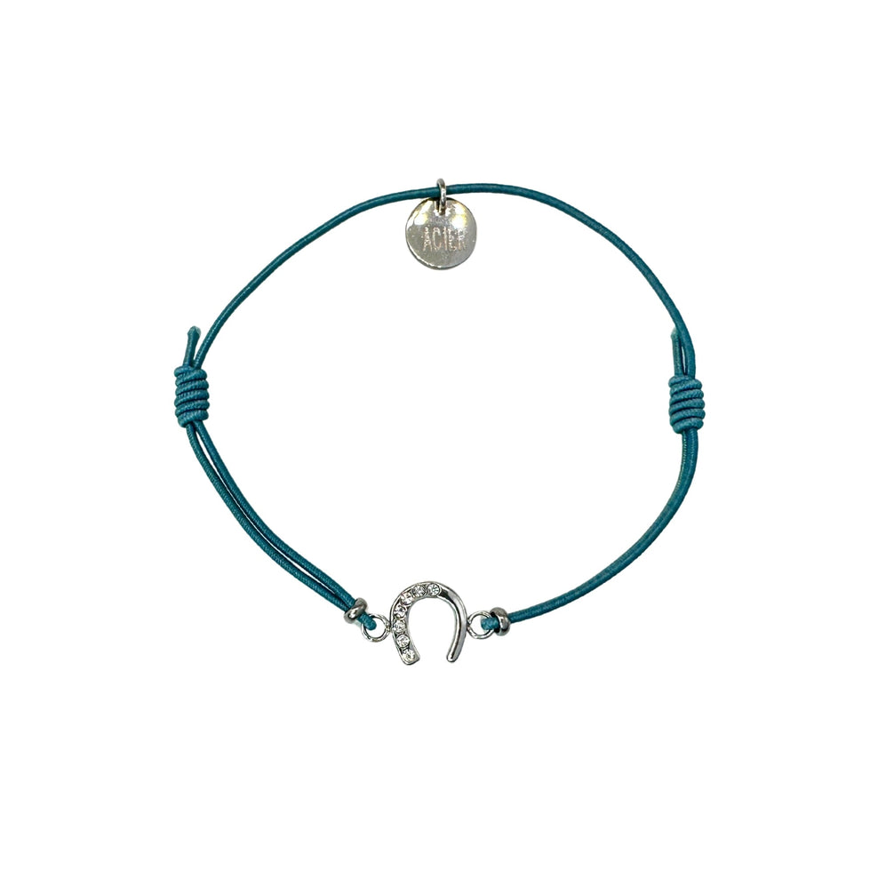 Equestrian Jewelry armband Lola: klein hoefijzer met strass-steentjes op een gekleurd koordje, in goud of zilver