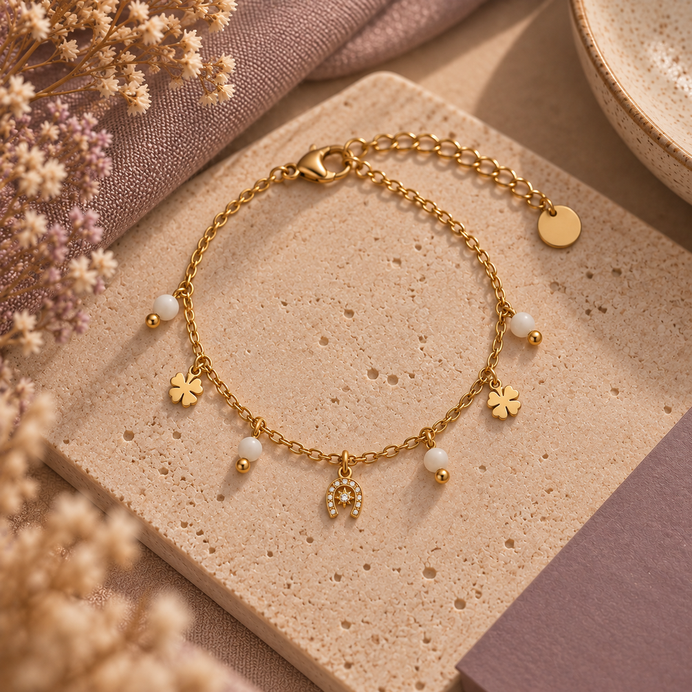 Equestrian Jewelry armband Rio met hoefijzer, klavertjes en natuursteentjes, in zilver met agaat en goud met kwarts