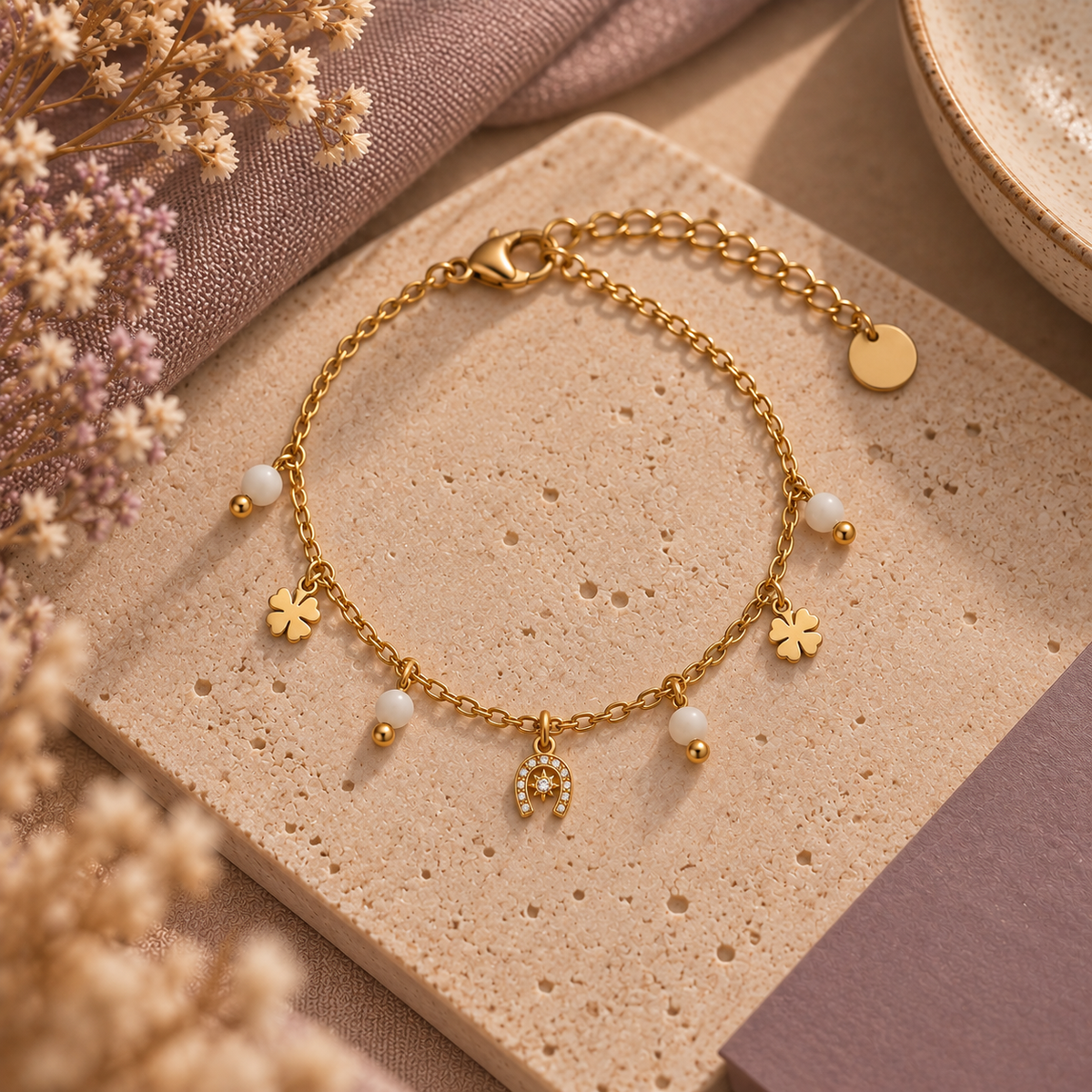 Equestrian Jewelry armband Rio met hoefijzer, klavertjes en natuursteentjes, in zilver met agaat en goud met kwarts