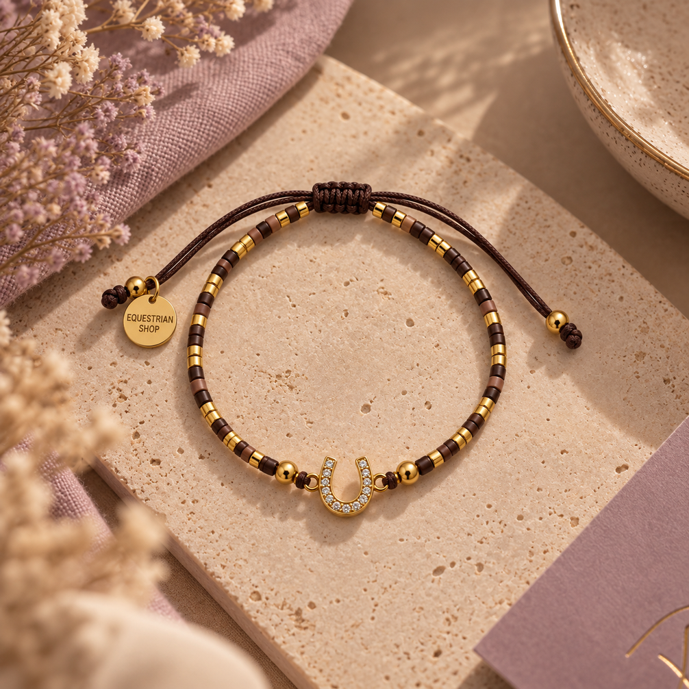 Equestrian Jewelry armband Summer met gekleurde kraaltjes, gouden details en een hoefijzer met strass-steentjes