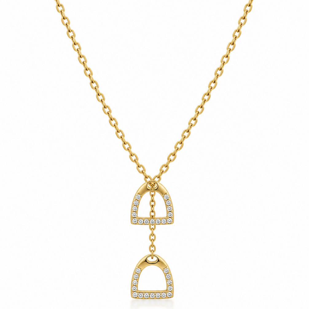 Equestrian Jewelry Y-ketting Cliff met twee stijgbeugels met strass-steentjes, in zilver en goud