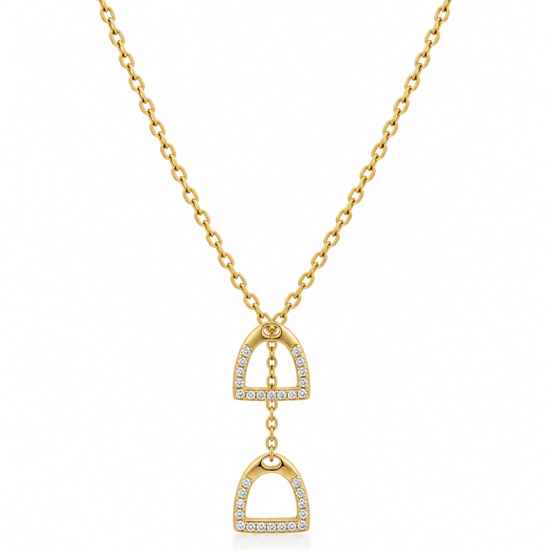 Equestrian Jewelry Y-ketting Cliff met twee stijgbeugels met strass-steentjes, in zilver en goud