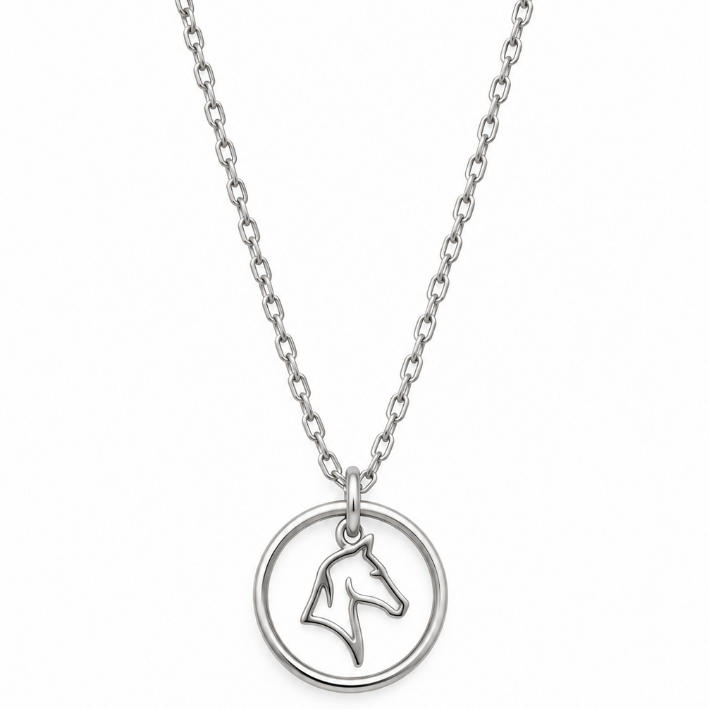 Equestrian Jewelry ketting Kimi met ronde opengewerkte hanger met gestileerd paardenhoofd, in zilver en goud