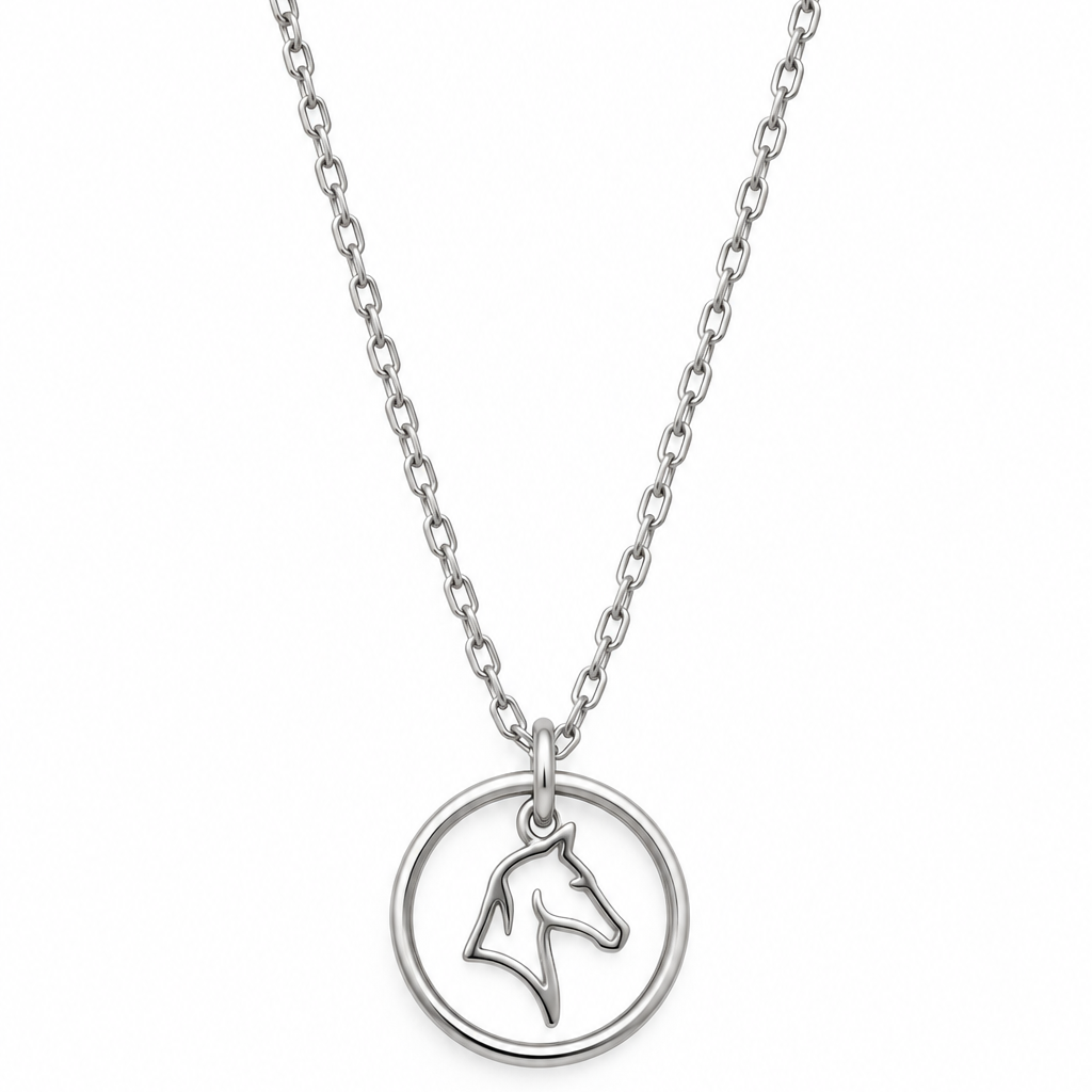 Equestrian Jewelry ketting Kimi met ronde opengewerkte hanger met gestileerd paardenhoofd, in zilver en goud