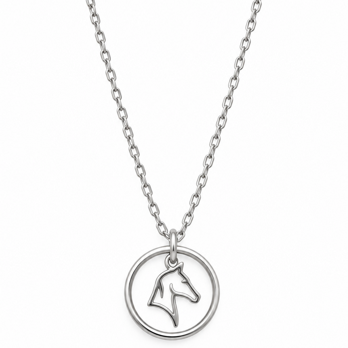 Equestrian Jewelry ketting Kimi met ronde opengewerkte hanger met gestileerd paardenhoofd, in zilver en goud