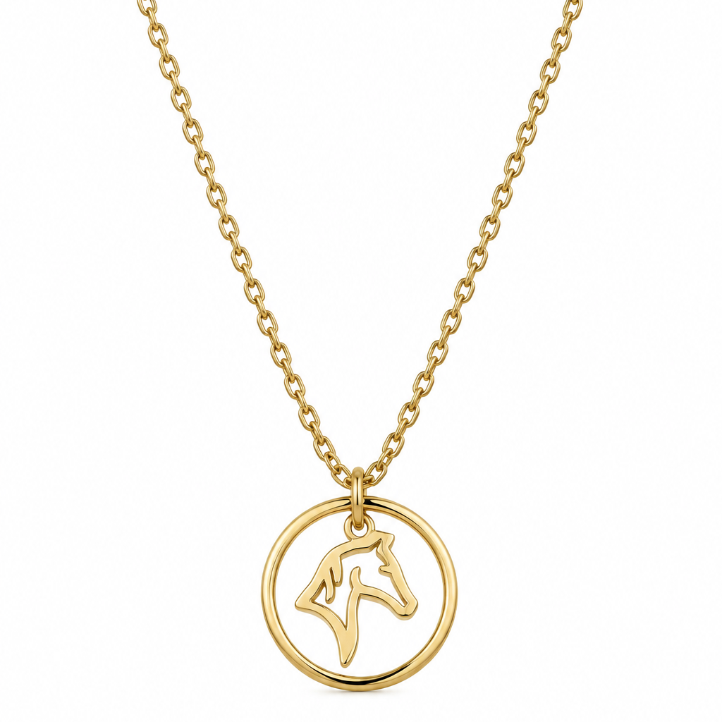 Equestrian Jewelry ketting Kimi met ronde opengewerkte hanger met gestileerd paardenhoofd, in zilver en goud