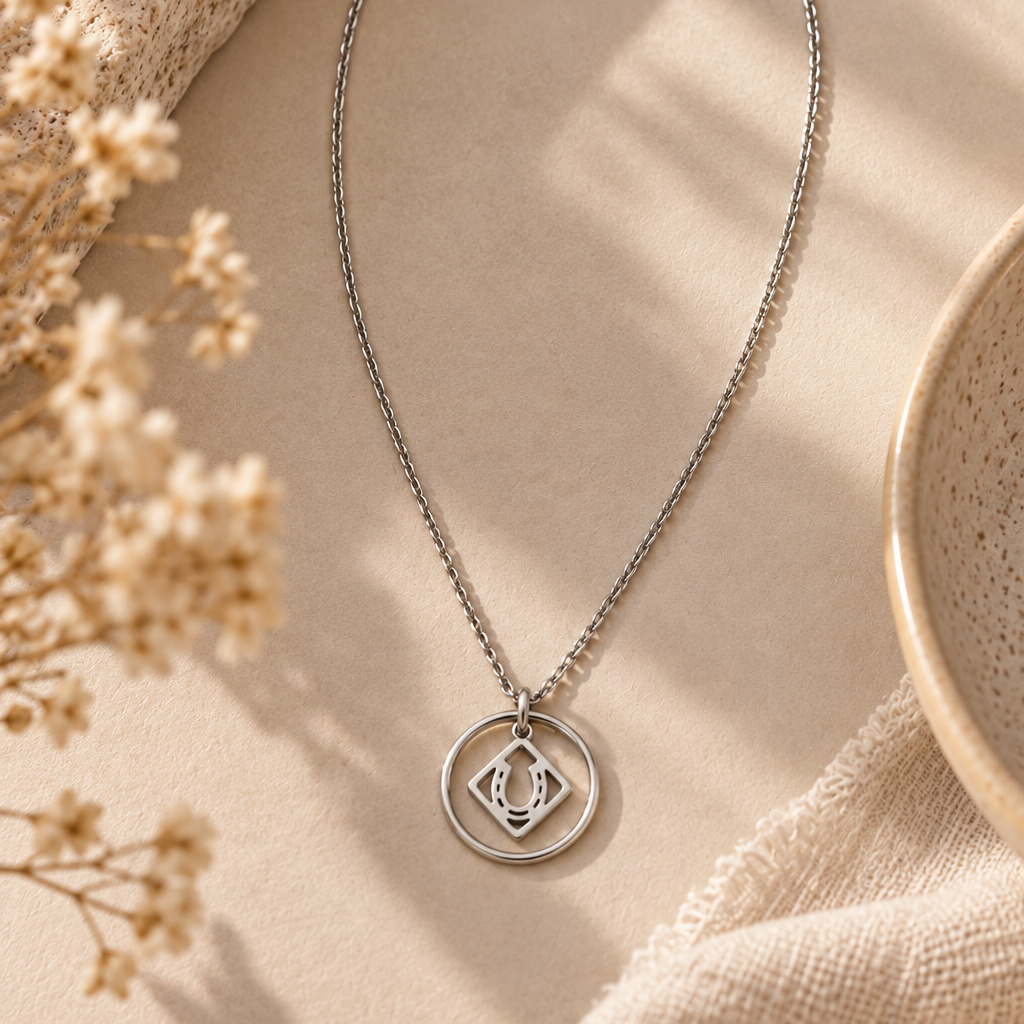 Equestrian Jewelry ketting Nali met grafische opengewerkte hoefijzerhanger, in zilver en goud