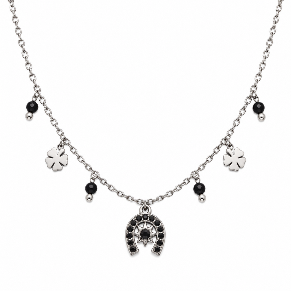 Equestrian Jewelry ketting Rio met hoefijzerhanger met strass, klavertjes en natuursteentjes, in zilver en goud