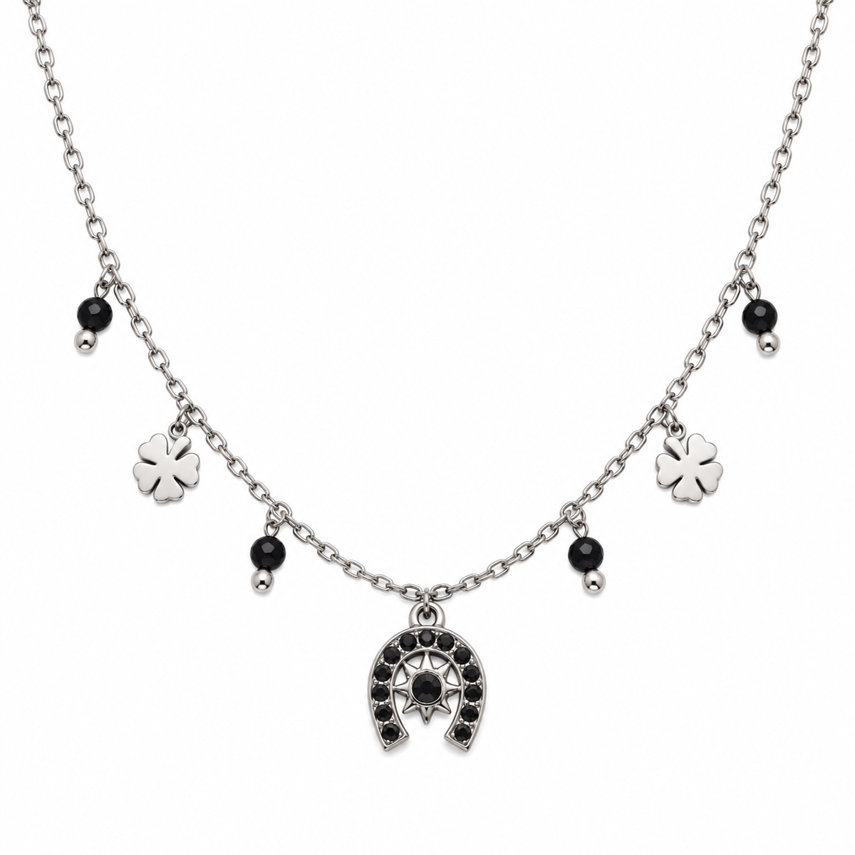 Equestrian Jewelry ketting Rio met hoefijzerhanger met strass, klavertjes en natuursteentjes, in zilver en goud