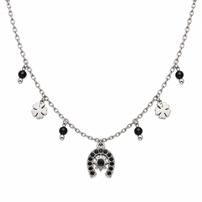 Equestrian Jewelry ketting Rio met hoefijzerhanger met strass, klavertjes en natuursteentjes, in zilver en goud