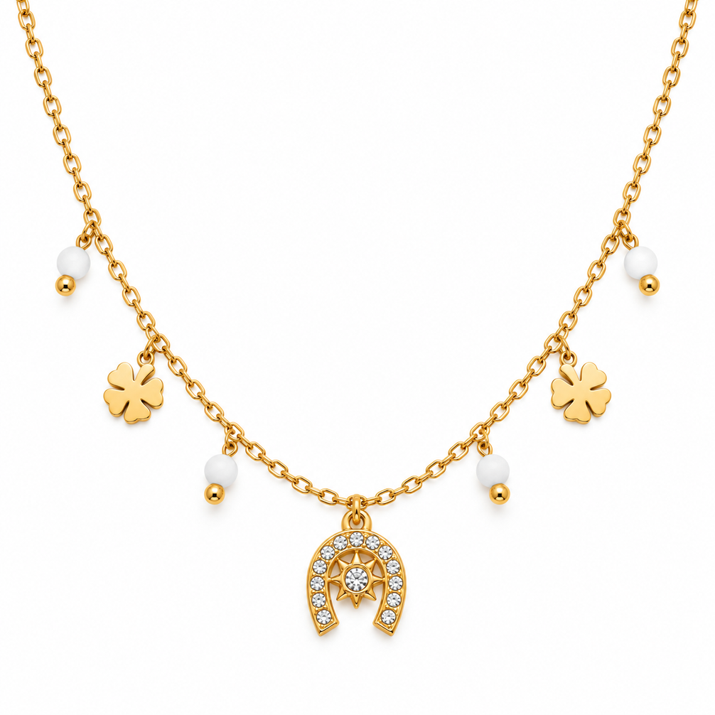 Equestrian Jewelry ketting Rio met hoefijzerhanger met strass, klavertjes en natuursteentjes, in zilver en goud