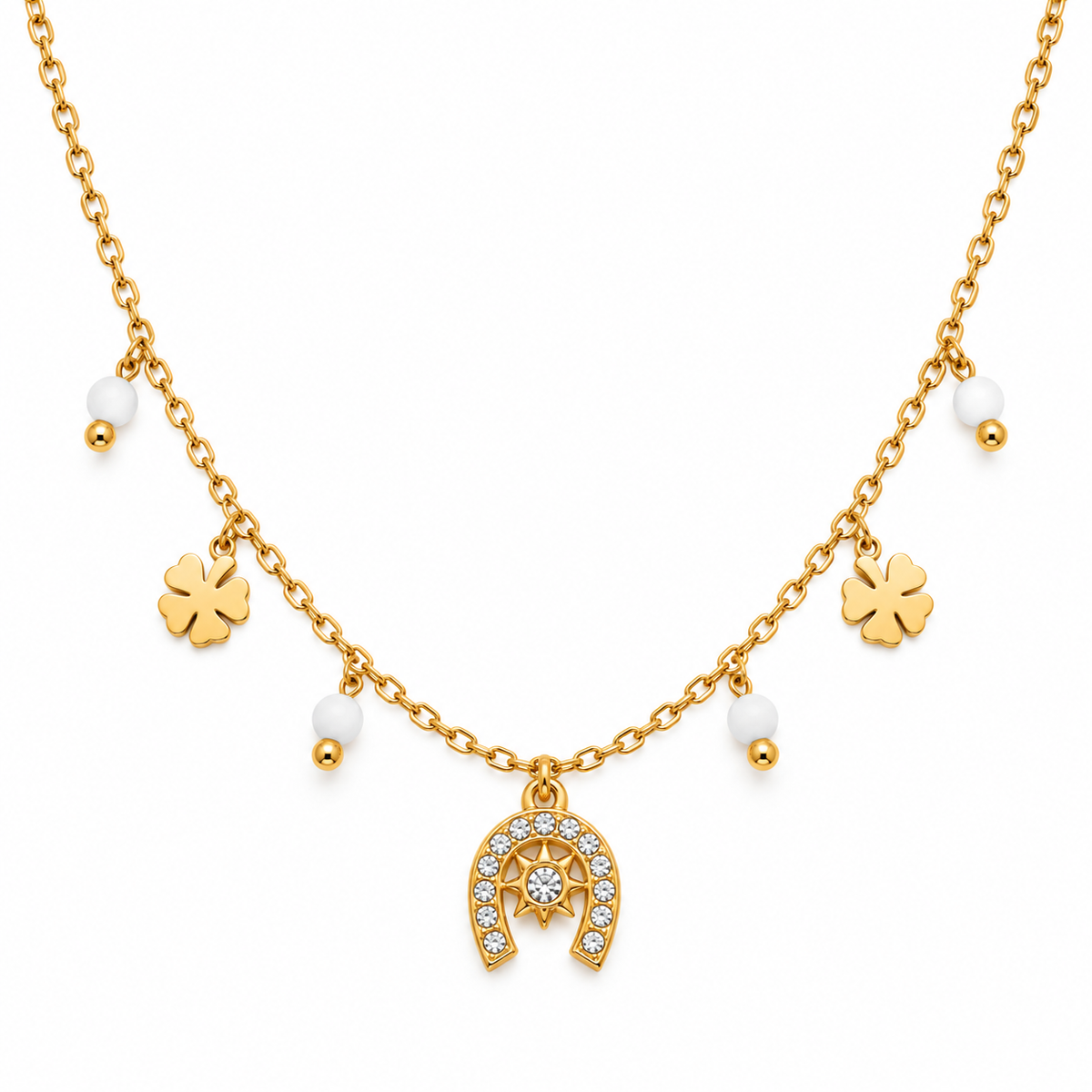 Equestrian Jewelry ketting Rio met hoefijzerhanger met strass, klavertjes en natuursteentjes, in zilver en goud