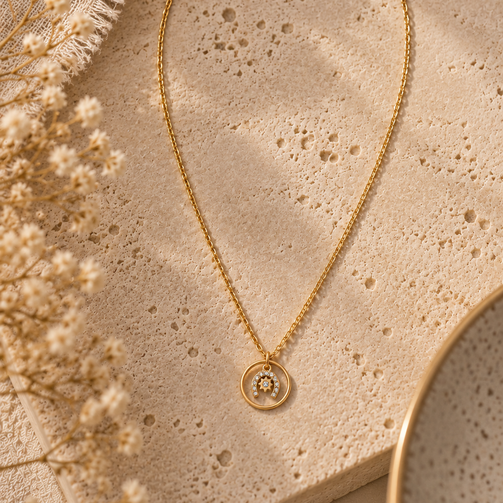 Equestrian Jewelry ketting Yumi met ronde hanger, hoefijzer met strass-steentjes en sterretje, in zilver en goud