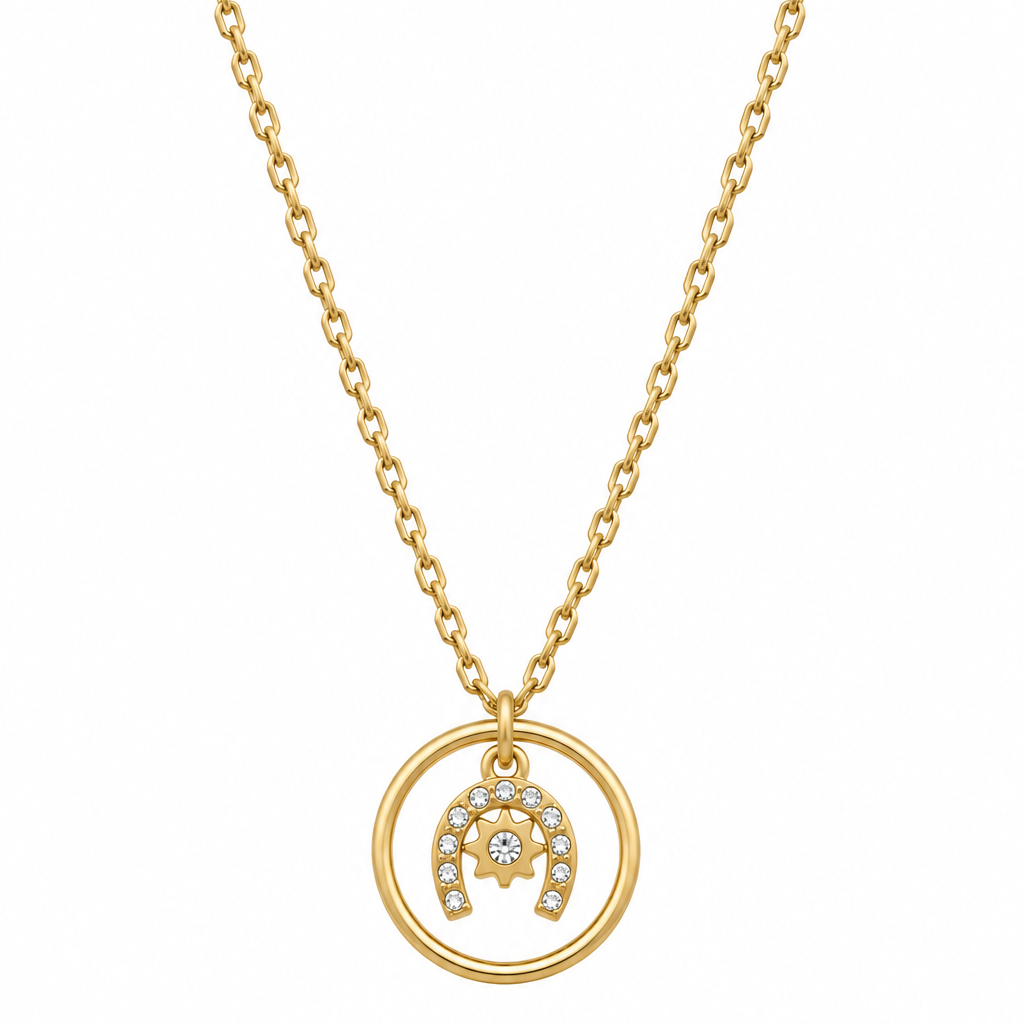 Equestrian Jewelry ketting Yumi met ronde hanger, hoefijzer met strass-steentjes en sterretje, in zilver en goud