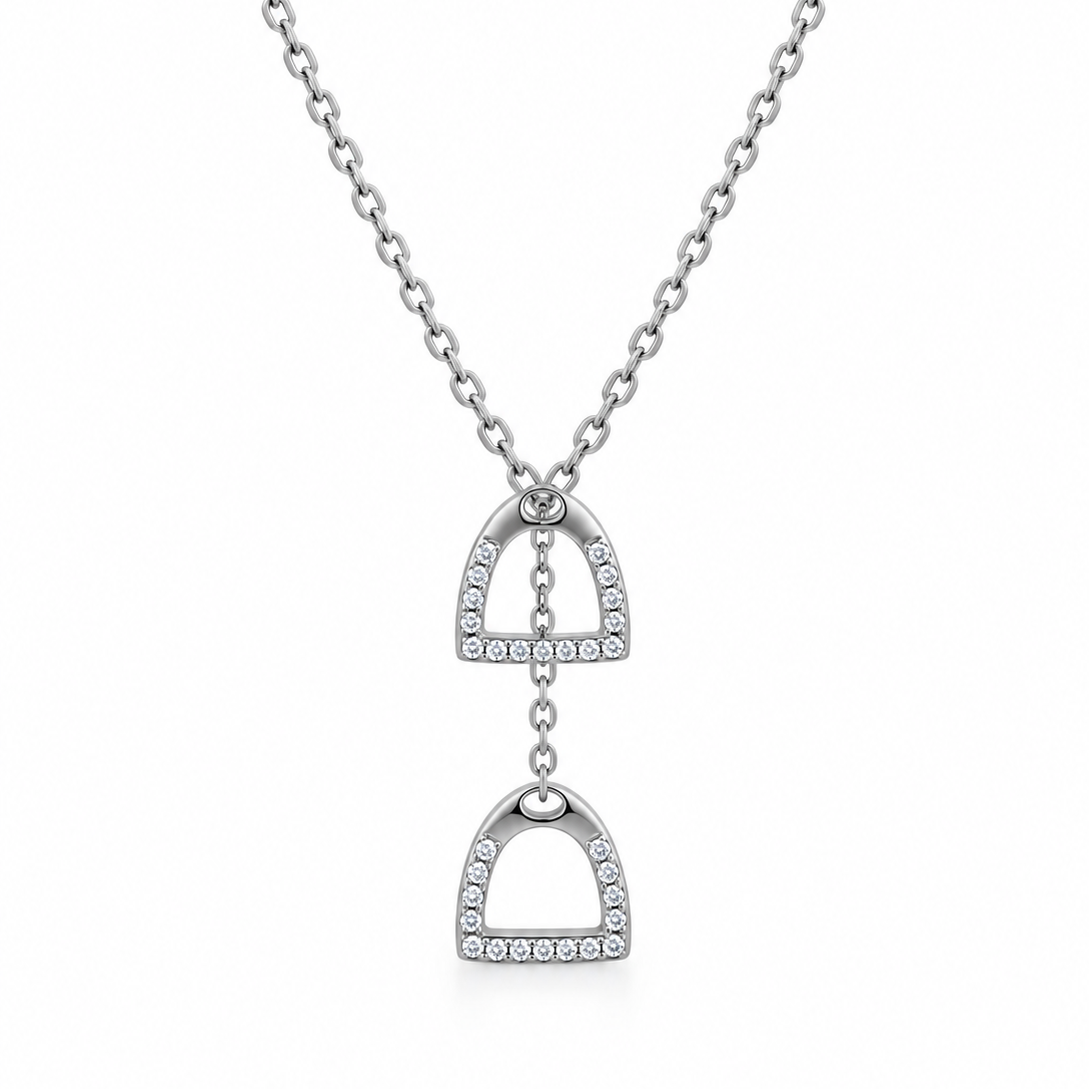 Equestrian Jewelry Y-ketting Cliff met twee stijgbeugels met strass-steentjes, in zilver en goud