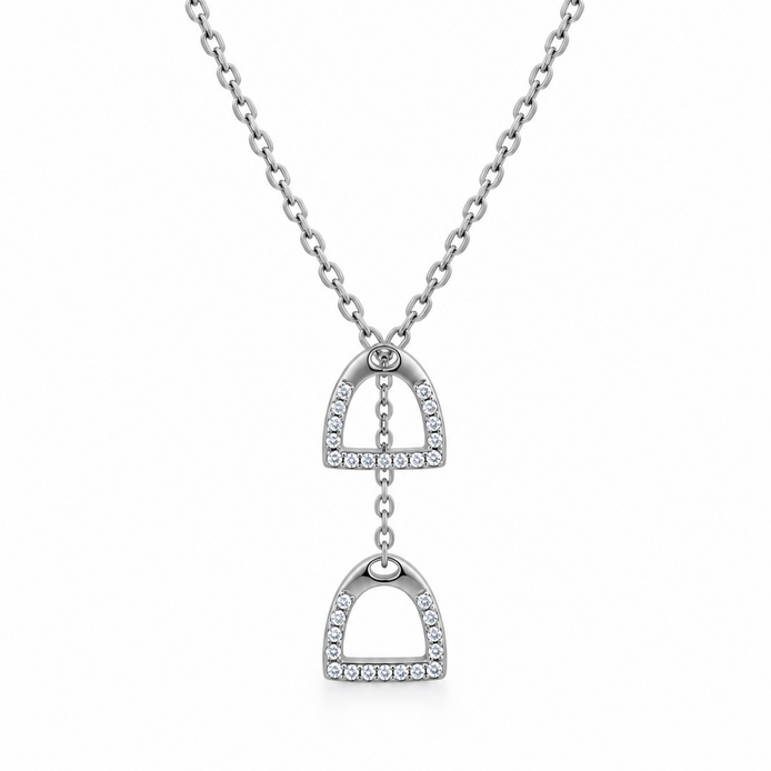 Equestrian Jewelry Y-ketting Cliff met twee stijgbeugels met strass-steentjes, in zilver en goud