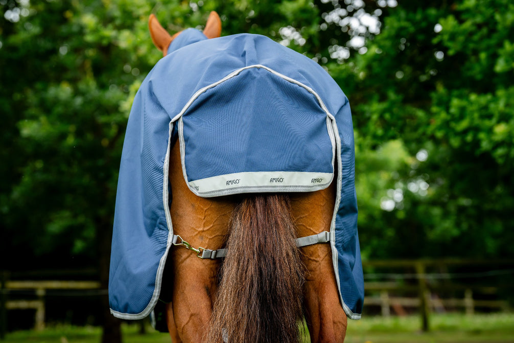 Achteraanzicht van de Amigo 1200D Plus Turnout deken in Navy