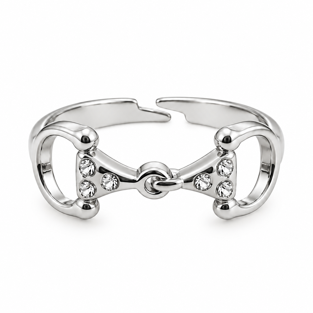 Equestrian Jewelry ring Alba, open verstelbare ring met bit bezet met strass-steentjes, in zilver en goud