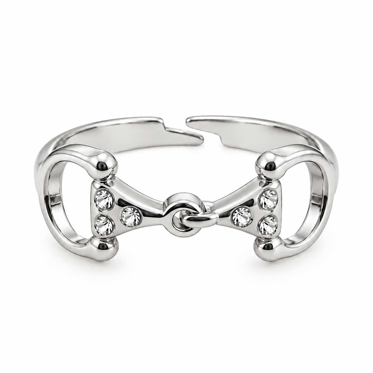 Equestrian Jewelry ring Alba, open verstelbare ring met bit bezet met strass-steentjes, in zilver en goud
