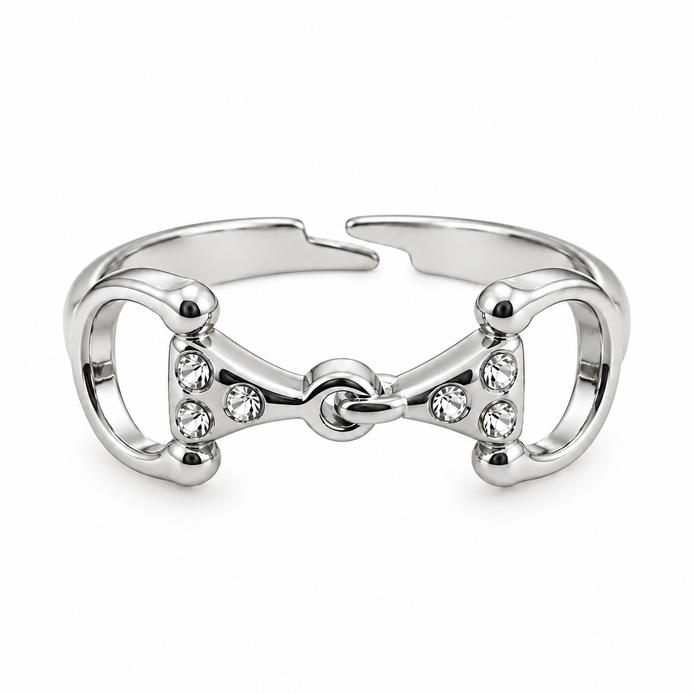 Equestrian Jewelry ring Alba, open verstelbare ring met bit bezet met strass-steentjes, in zilver en goud