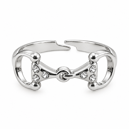 Equestrian Jewelry ring Alba, open verstelbare ring met bit bezet met strass-steentjes, in zilver en goud