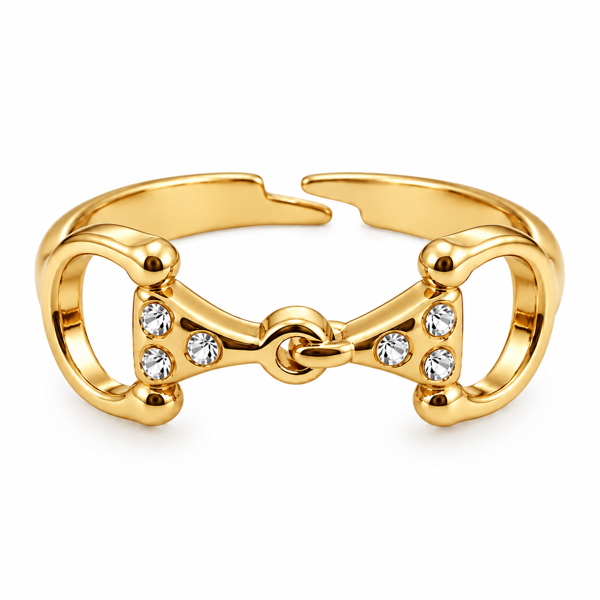 Equestrian Jewelry ring Alba, open verstelbare ring met bit bezet met strass-steentjes, in zilver en goud