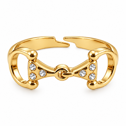 Equestrian Jewelry ring Alba, open verstelbare ring met bit bezet met strass-steentjes, in zilver en goud