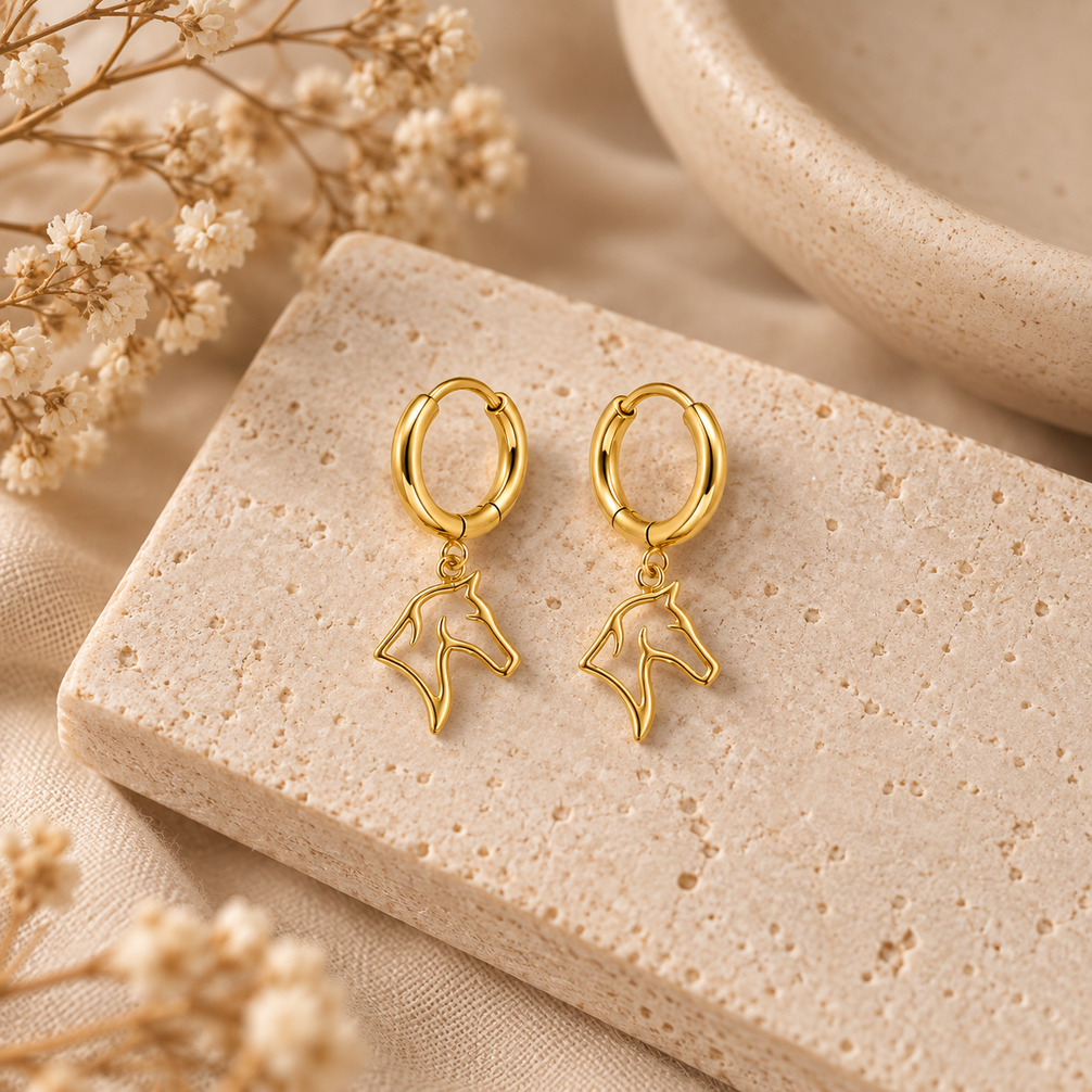 Equestrian Jewelry creolen Spirit met fijne grafische hanger in de vorm van een paardenhoofd, in zilver en goud