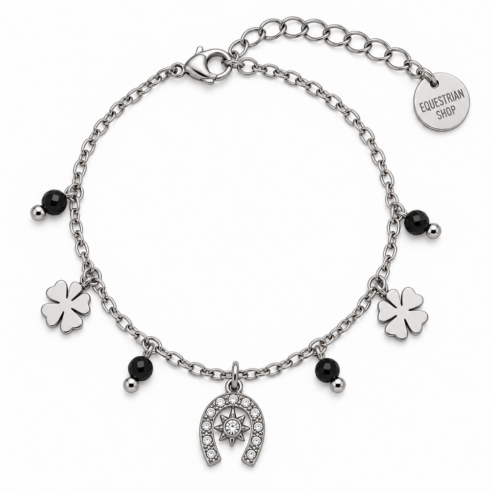 Equestrian Jewelry armband Rio met hoefijzer, klavertjes en natuursteentjes, in zilver met agaat en goud met kwarts